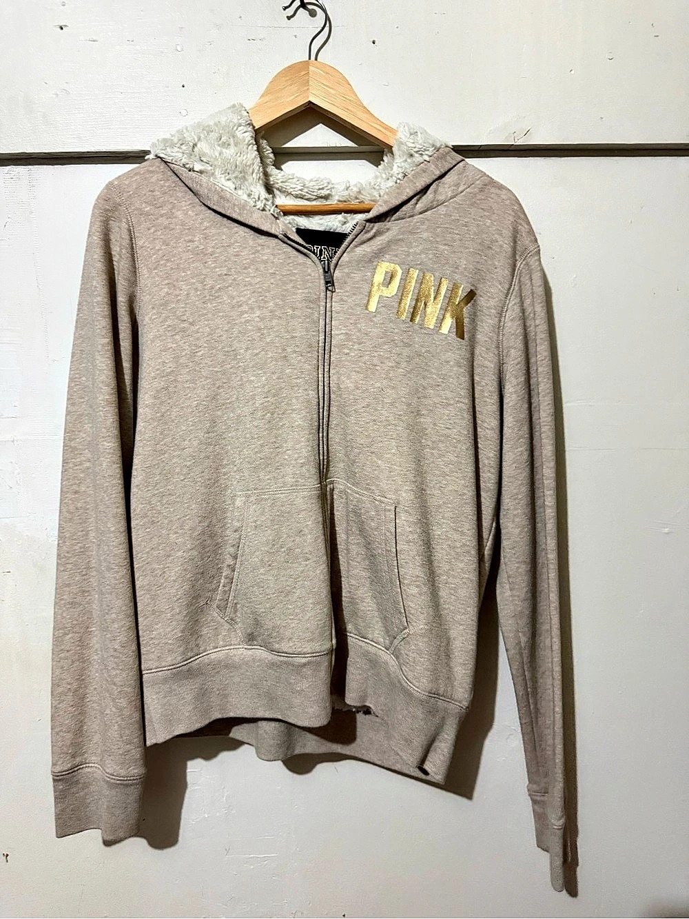 PINK Victoria's Secret Graphic Zip Hoodie in Brown & Pink